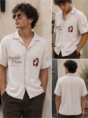 Abercrombie & Fitch Benny’s Place Linen Blend Embroidered Camp Shirt M